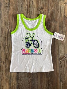 Vtg No Boundaries NoBo Tank Top S White Green Trim “Rainbow Used Bike Shop” Y2K